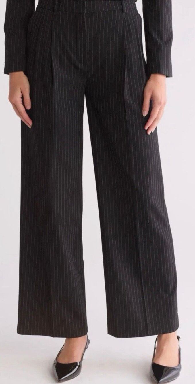 NWT Elie Tahari Black Pinstripe Wide Leg Dress Pants XS Pull-On Career Office